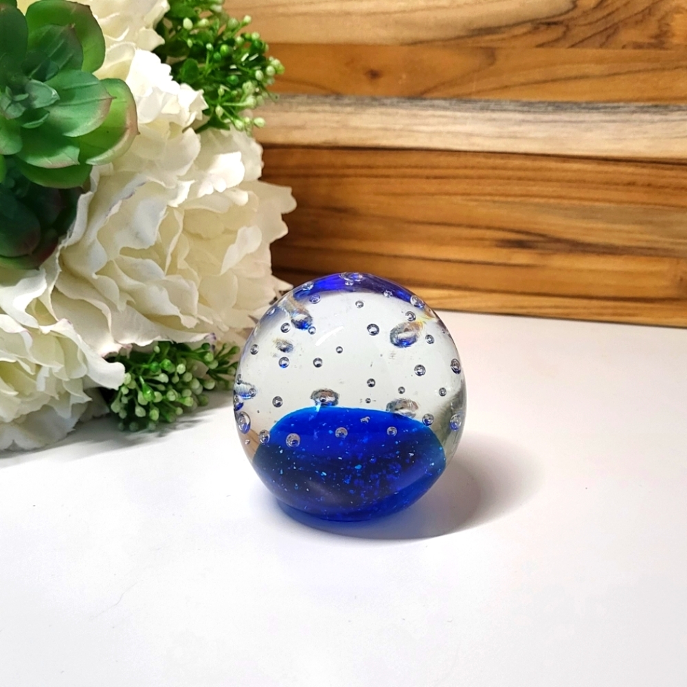 Blown Glass Paperweight - Cobalt Blue and Clear with bubbles